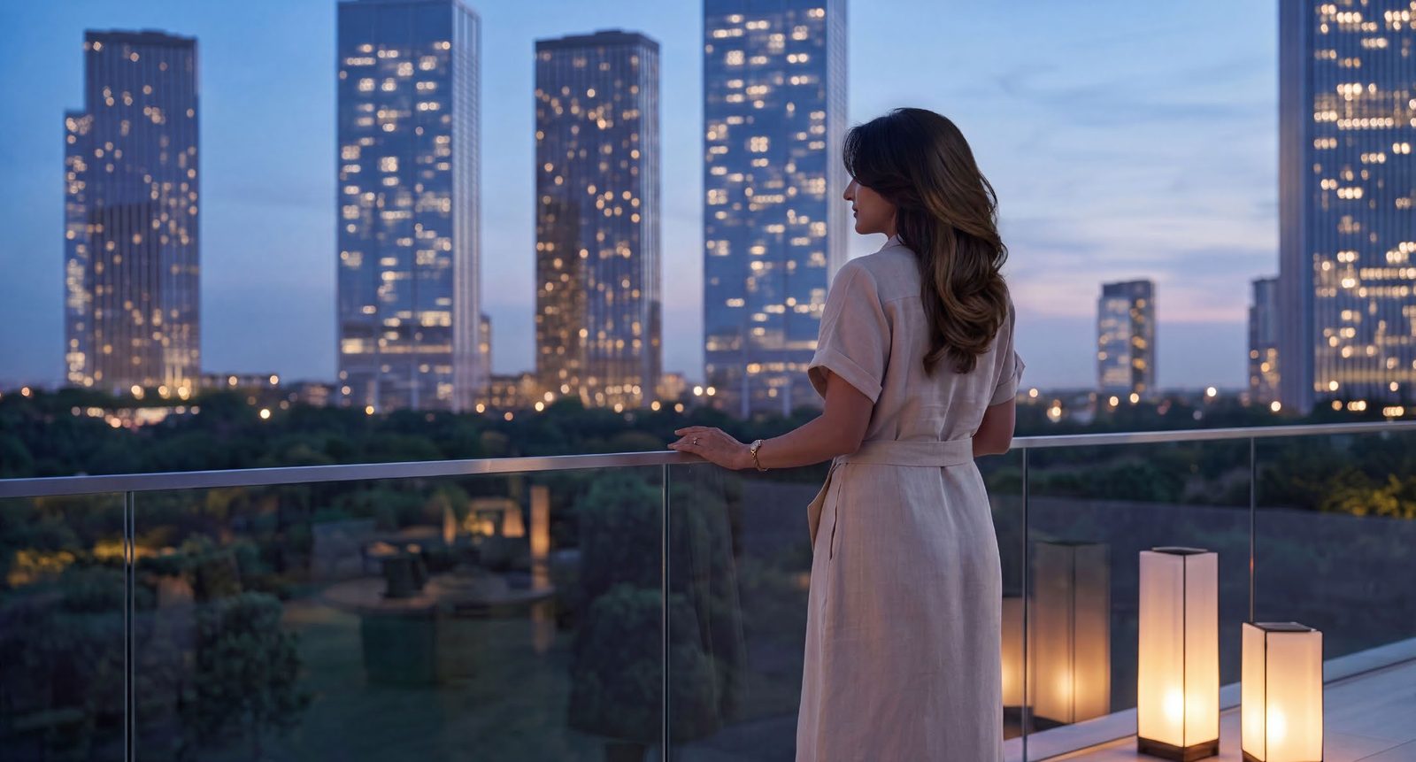 Valia residence balcony overlooking Dubai Creek Harbour towers at dusk