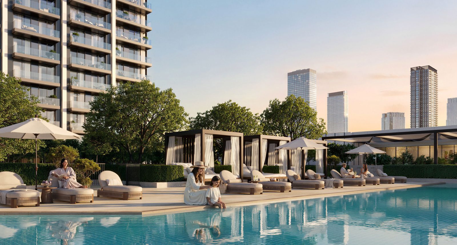 Valia amenities pool deck at Dubai Creek Harbour
